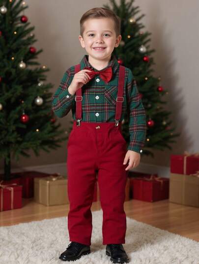 BOARNSEORL 2 piezas Conjunto de caballero para niños pequeños - Camisa de manga larga a cuadros verdes con pajarita y pantalones con tirantes, de moda para fiesta de cumpleaños, Nochevieja, boda, baby shower, Navidad