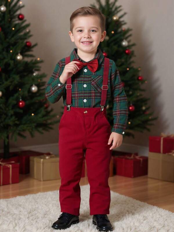 BOARNSEORL 2pcs Young Boys Gentleman Outfit - Green Plaid Long Sleeve Shirt With Bow Tie And Suspender Pants, Fashionabantic For Birthday Party, New Year's Eve, Wedding, Baby Shower, Christmas