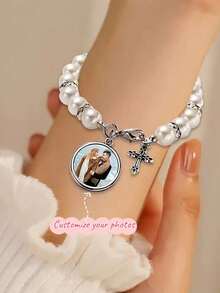 Custom Photo Bracelet - Faux Pearl Design Bracelet - Personalized Family/Couple/Pet Photo Jewelry, Elegant Vintage Beaded Bracelet. Available In Black, Red, White, Purple. The Perfect Gift For Her/Him, Suitable For Anniversary, Christmas, Halloween, Thanksgiving, New Year, Birthday, Or As Friendship Accessories. With Classic Design And Sparkling Ornaments, - Multicolor - View 8