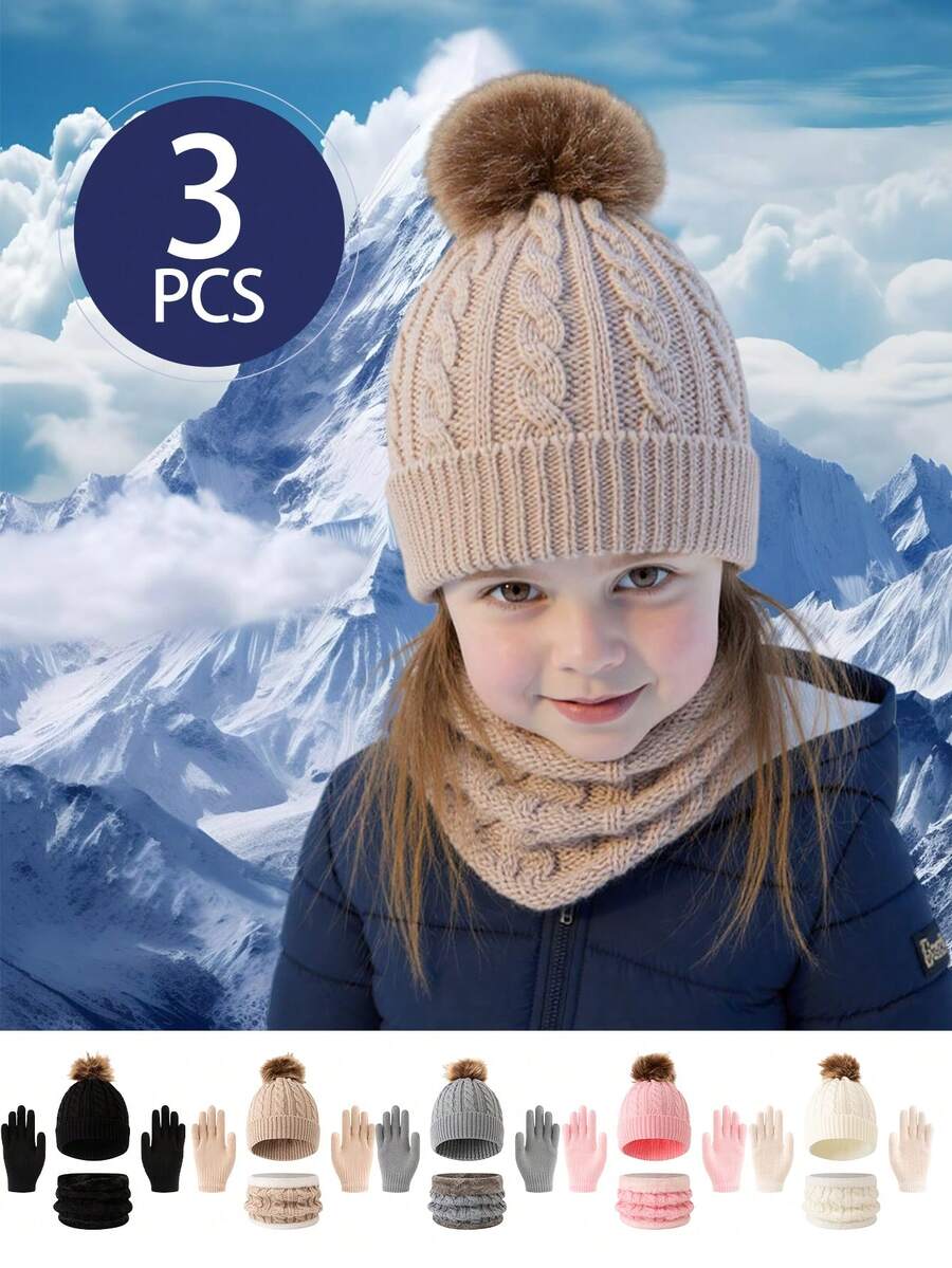 3 件套儿童冬帽套装，保暖针织帽配围巾和手套，适合秋冬户外活动 - 彩色 - 查看 1