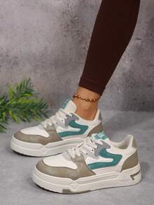 女士休闲系带运动鞋，软底平底舒适滑板鞋，轻便低帮日常穿着 - 綠色 - 查看 3