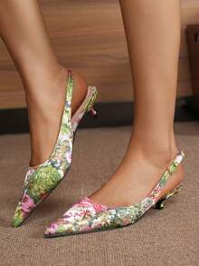 Floral Print High Heel Shoes, Heel, Fall, Pumps, Autumn, New Sexy Pointed Toe Thin Heel Comfortable Slip-On Fashion Versatile Floral Print Outdoor Polyester Shoes - Green - View 5