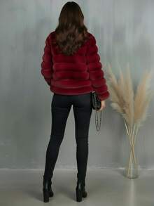 Abrigo Elegante de Color Sólido con Parte Delantera Abierta y de Peluche, Envolvente para Mujer Ideal para Otoño/Invierno - Rojo - Ver 2