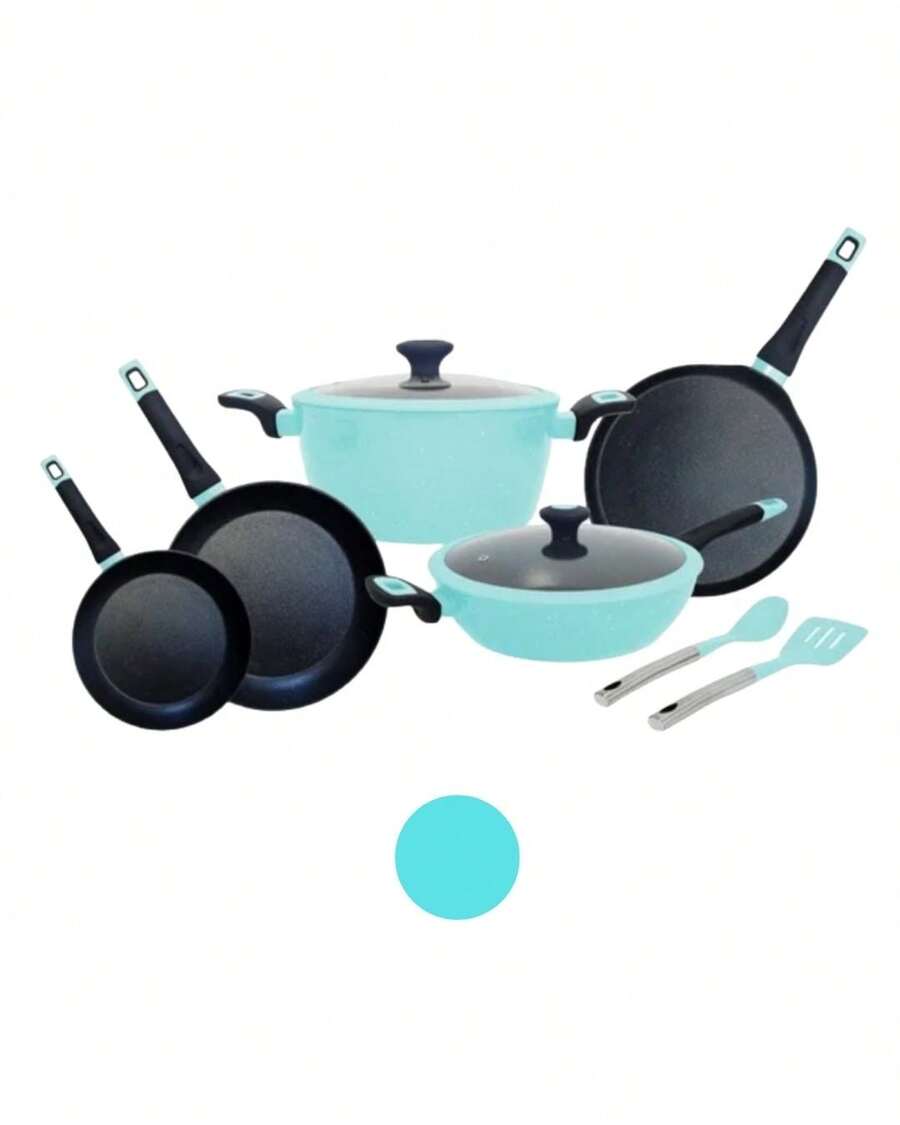 BATERIA FOODE ANTIADHERENTE MARMOL 9 PIEZAS NO SE PEGA LA COMIDA TAPAS IRROMPIBLES, MARMOL PREMIUM, UTENSILIOS  SILICONA, ARROZ, CREPAS, GUISADOS, TORTILLAS, MILANESAS Y MAS - Agua verde azul - Ver 1