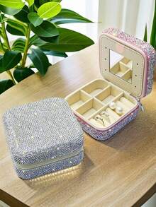 1pc High-Quality Sparkling Rhinestone Jewelry Storage Box, Portable Jewelry Organizer Box For Rings, Earrings, Bracelets, Necklaces, Suitable For Bedroom Vanity, Jewelry Organizing, Holiday Creative Gift - Multicolor - View 2