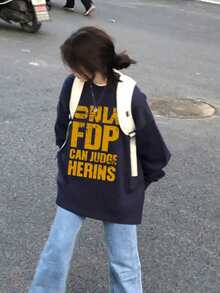 Women's Casual Loose Fit Cartoon Print Round Neck Colorblock Long Sleeve T-Shirt, Fashion & Versatile, Spring/Autumn