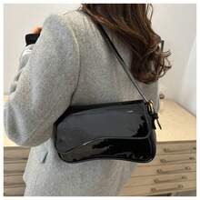 Senmeo Burgundy Minimalist Solid Color Women's Shoulder Bag, Flap Shoulder Bag, Baguette Bag, Handbag, Underarm Bag, Square Bag, 1pc PU Leather Texture Bag, Patent Leather Crocodile Grain PU Material Fashion Multifunctional Elegant Sexy Suitable For Handheld, Shoulder, Work, Business, Commute, Outdoor, Travel, Bag Size: 27*15*6cm - 黑色 - 查看 2