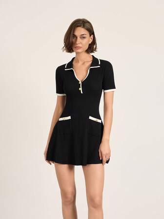 Women's Metal Button Ribbed Knit Mini Dress