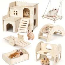 Hamster Toys, Wooden Furniture, Hamster Cage Supplies, Wooden Running Wheel, Villa Swing, Wooden Nest, Chew-Resistant Small House - Hamster House 6-piece Set - View 12