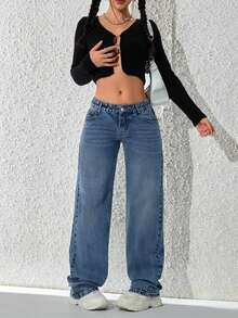 Women's Casual Straight Leg Jeans, Suitable For All Seasons, Suitable For Daily Outings, Back To School Season, Back To School Season, Rural Concerts, Parties - 藍色 - 查看 3