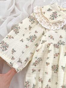 长袖碎花荷叶领女婴连体衣 - 杏色 - 查看 5