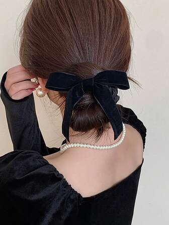 1個 レディース ブラック ベルベット リボン ヘアスクランチー、日常使い、ポニーテールホルダー、ヘアゴム、ヘアバンド、ヘアロープ、ヘアアクセサリーギフトに適しています