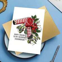 [Funny Holiday Card] 1pc Funny Holiday Card - Humorous Greeting Card With Red Hair Dryer & Holly Design | "Happy Holidays To My Favorite Hairdresser" - Perfect For Women, Friends & Family