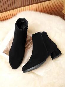 秋冬新款女式绒面短靴，红色中跟短筒百搭粗跟加大码保暖内衬踝靴 - 黑色 - 查看 10