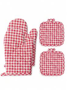 2pcs/4pcs Red Plaid Heat Resistant Oven Mitts And Pot Holders Set, Thick Quilted Double-Sided, Washable, Suitable For Daily Cooking And Baking