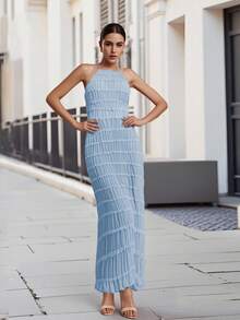 Women's Ruched Bodycon Long Dress Sleeveless Backless Solid Color Dress Cocktail Party Dress - Blue - View 7