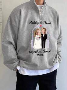 Customized Plus Size Men Crew Neck Long Sleeve Sweatshirt, Personalized Wedding Commemorative Design, Couple Portrait Replaceable, Autumn/Winter - Grey - View 4