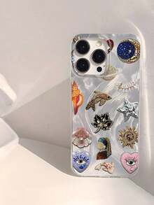 1 pieza Funda de teléfono transparente suave, brillante y lisa, con diseño de elementos de estrella de mar, sol, luna, hoja de arce, pez, corazón, impermeable, resistente a huellas dactilares y arañazos con tecnología IMD - Plateado - Ver 2