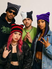 1pc Unisex Hand Knitted Cute Striped Cat Ear Beanie Hat, Autumn Winter Warm Ear Protective Handmade Striped Ski Mask Street Fashion Hip-Hop Couple Headwear - Multicolor - View 3