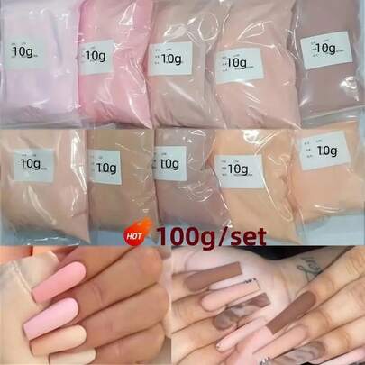 Bột acrylic làm móng màu dạng rời 100g/gói, bộ 10 màu bột pha lê trang trí móng, 10 hộp bột acrylic màu nâu dùng để nối móng/nhúng/khắc móng, bán sỉ.