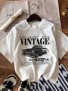 Vintage Car & "VINTAGE" Words Graphic Teen Girl Cotton T-Shirt Baby Tee Teen Girl Clothes,Teen Girl Tops,Cute Tops,Baby Doll Top - 白色 - 查看 1