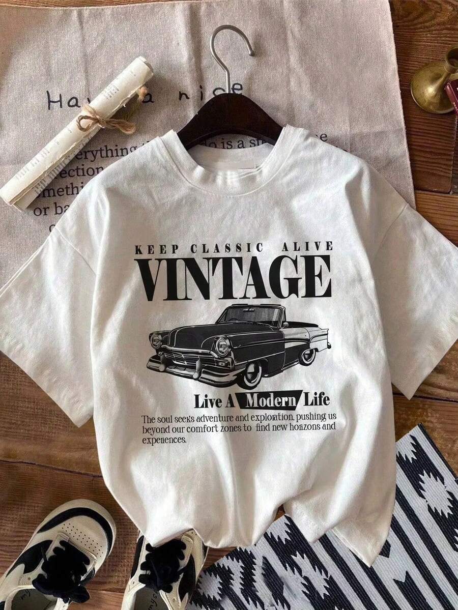 Vintage Car & "VINTAGE" Words Graphic Teen Girl Cotton T-Shirt Baby Tee Teen Girl Clothes,Teen Girl Tops,Cute Tops,Baby Doll Top - 白色 - 查看 1