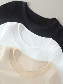 3pcs Ladies' Solid Color Mesh Splicing Neckline High Elasticity Warm Underwear, Soft And Comfortable Warm Base Top, Winter Inner Wear Top Can Also Be Worn As An Outer Base Shirt, Winter Warm Underwear Multi-Color Combination Set - Multicolor - View 5