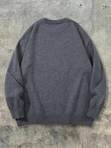 男士休闲宽松狗狗图案印花圆领毛衣，街头风，宽松版型，百搭，适合春、秋、冬三季，长袖上衣 - 灰色 - 查看 3