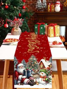 1pc Rustic Christmas Table Runner 35x180cm Santa Claus&Snowman Pattern Polyester Table Cover For Indoor/Outdoor Christmas Parties Supplies, Events, Festive Kitchen Dining Room Table Decorations Merry Christmas Decor 2025 Farmhouse Home Decor - Multicolor - View 11