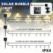 1 pieza Luces de cadena de cristal solares LED de 200/100/20, luces solares para exteriores, alimentadas por energía solar, 8 modos de iluminación, adecuadas para patio, balcón, jardín, valla, Navidad, decoración solar para el patio