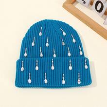 Knit Rhinestone Embellished Hat For Women, Winter Warm Beanies Cap For Outdoor Shopping, Dating, Ski - 藍色 - 查看 1
