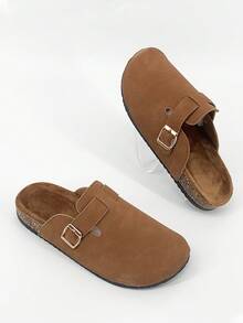 Sandalias de diapositivas de verano 2025, parte superior de cuero con diseño de hebilla, suela gruesa de corcho suave, elevada, de unicolor, simple, adecuada para exteriores, viajes, estilo casual de calle, a juego de pareja, pantuflas tipo mula sin cordones, cuero de alta calidad, cómoda, para uso interior y exterior