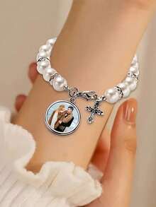 1 Pulsera personalizada con foto - Pulsera de diseño de perlas falsas - Joyería personalizada con foto de familia/pareja/mascota, pulsera elegante y vintage con cuentas. Disponible en negro, rojo, blanco, morado. El regalo perfecto para ella/él, adecuado para aniversario, Navidad, Halloween, Acción de Gracias, Año Nuevo, cumpleaños o como accesorio de . Con diseño clásico y adornos brillantes.