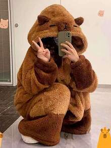 1PC 水豚穿毯，可爱水豚毛绒穿毯，连帽珊瑚绒卡通可爱风格带帽长袍 - 冬季保暖珊瑚绒卡通动物连帽长袍，适合成人，带大口袋和袖口的连帽长袍，适合秋冬季，温暖，礼物，情侣装，圣诞礼物，新年礼物