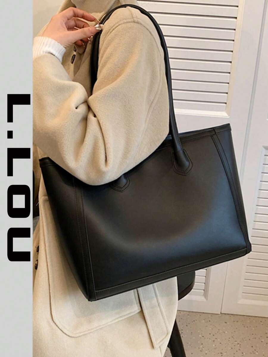 新款复古大号纯色女士托特包，时尚多用途双手柄休闲托特包单肩包，适合工作、秋冬