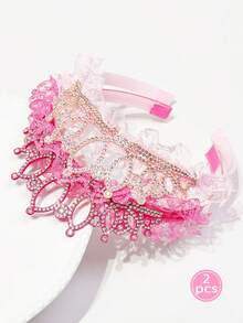 1pc Bridal Crystal Crown Headband, Fashionable Gradient Pink Lace & Crystal Headpiece For Girls - A - View 10