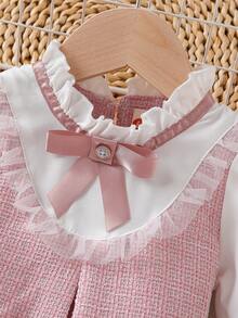2pcs Baby Girls' Fashion Cute Casual Set - Bow Decor Mock Neck Top + Bow Pleated Skirt, Pink