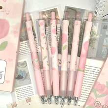 6pcs Limited Edition Pink Tulip & Red Rose Inspired High-Quality Water-Based Rollerball Pens - Quick Drying, Medium Tip, Plastic Material - Multicolor - View 1