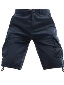 Plus-Size Men's Solid-Color Pure Cotton Fashionable Casual Campus College Style American High Street Outdoor Mountain Tactical Style Workwear Shorts - 藏蓝色 - 查看 3