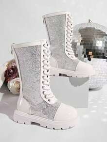 1 双女童秋冬高帮靴，后拉链高筒靴，儿童时尚公主高帮靴，简约优雅的设计 - 白色 - 查看 3