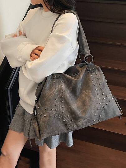 حقيبة كتف للتنقل بطراز قديم، حقيبة تسوق جديدة بتصميم الزخارف المعدنية، حقيبة سفر ذات سعة كبيرة، حقيبة ظهر للطلاب، مناسبة للخريف والشتاء