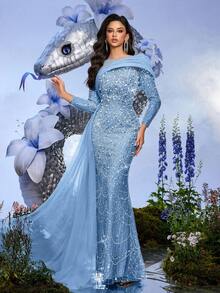 Elisanya 派对礼服香槟色亮片串珠长袖修身礼服适合晚宴、宴会、鸡尾酒会（大量装饰） - 淺藍色 - 查看 6