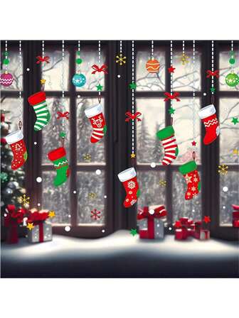 Merry Christmas Garter Window Glass Decoration Stickers New Holiday Removable Dress Up DIY Static Window Clings Decals For Living Room Bedroom Shop Windows