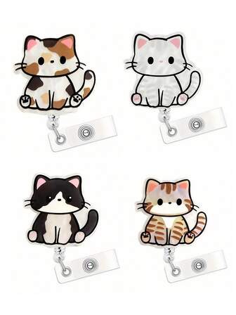 1 pieza Clip de identificación extensible con forma de gato lindo, hecho de material acrílico, con imágenes de gatos de dibujos animados de varios colores como gatos tricolor, gatos blancos, gatos blanco y negro y gatos naranjas. Los colores son brillantes y el diseño es alegre y adorable.