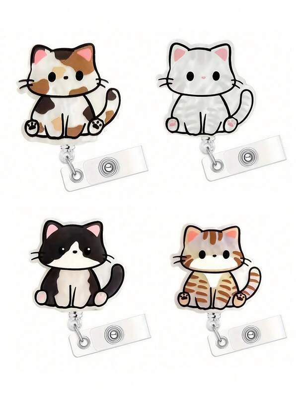 1pc Cute Cat-Shaped Extendable ID Clip, Made Of Acrylic Material, Featuring Various Cartoon Cat Images Such As Three-Color Cats, White Cats, Black And White Cats, And Orange Cats. The Colors Are Bright And The Design Is Lively And Adorable.