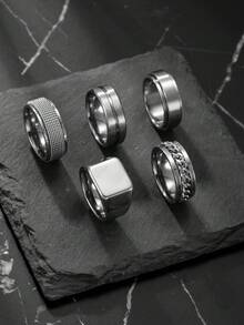 5pcs Stainless Steel Personalized Men's Ring Set, Includes 1 Chain, Matte Finish, Stress Relief Rings, Suitable For Men & Women, Daily Matching, Perfect Gift For Holidays, Dates