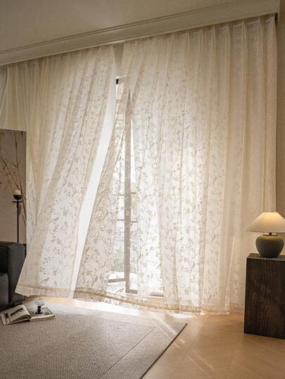 1pc Embroidered Bird & Leaf Sheer Curtain - Japanese Linen Style, Rod Pocket Design, Suitable For Living Room And Bedroom - Transparent And Light-Filtering Curtain, Living Room Curtain, Bedroom Curtain