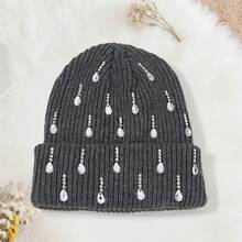 Knit Rhinestone Embellished Hat For Women, Winter Warm Beanies Cap For Outdoor Shopping, Dating, Ski - Màu xám đen - Xem 3