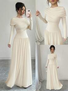 女士优雅长袖褶皱低腰修身A字连衣裙，杏色，高端大气，适合日常、通勤、派对、约会、节日等场合。 - 杏色 - 查看 8