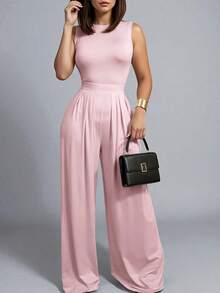 Palazzo casual cuello redondo alzado cintura ajustada detalle fruncido sin manga pierna amplia suelta mujer verano otoño comodidad frescura - Rosa Pálido - Ver 2